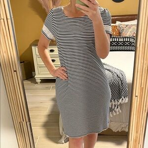 Talbots Black and White Striped Short Sleeve Midi Dress